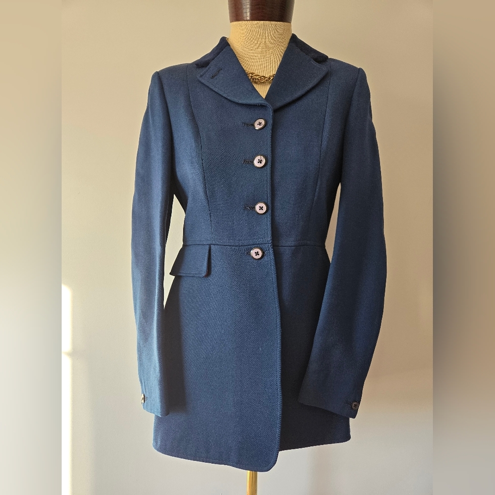 HARRY HALL England Equestrian Blue Women's Coat With Red Lining. Size Small